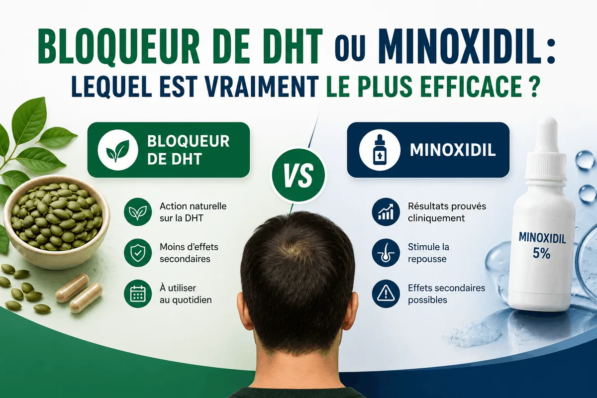 Bloqueur de DHT ou minoxidil : comparatif pour la chute de cheveux
